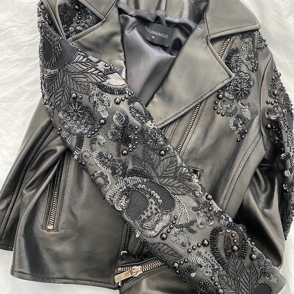 Nour Hammour Sophia Zip-Front Leather Jacket w/ Studded Embroidered Sleeves - Picture 3 of 14